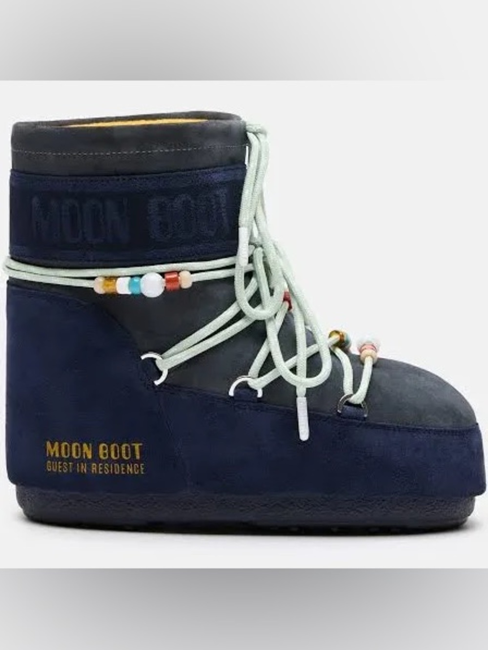 NWT MOON BOOT X GUEST IN RESIDENCE ICON LOW MIDNIGHT & GREY BEADED SUEDE BOOTS